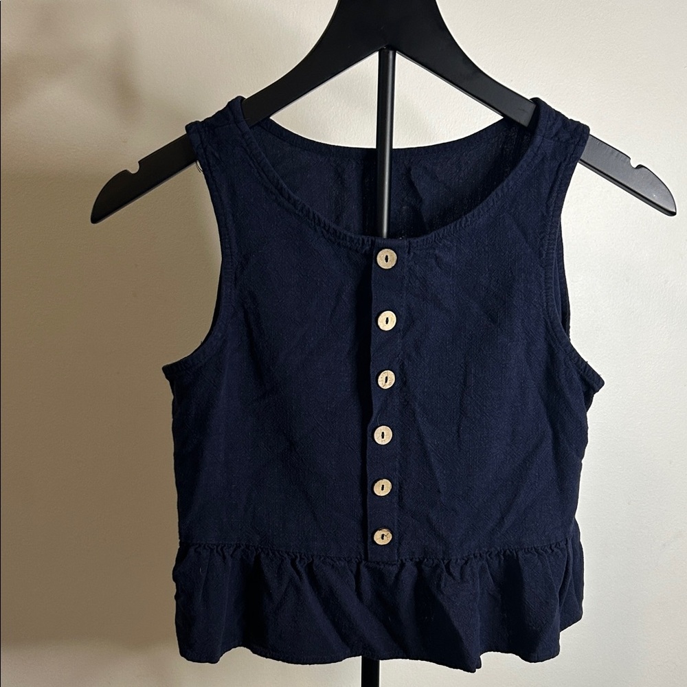 Navy Sleeveless Button-Down Linen Crop top and Wide Leg Pants with Pocket Set